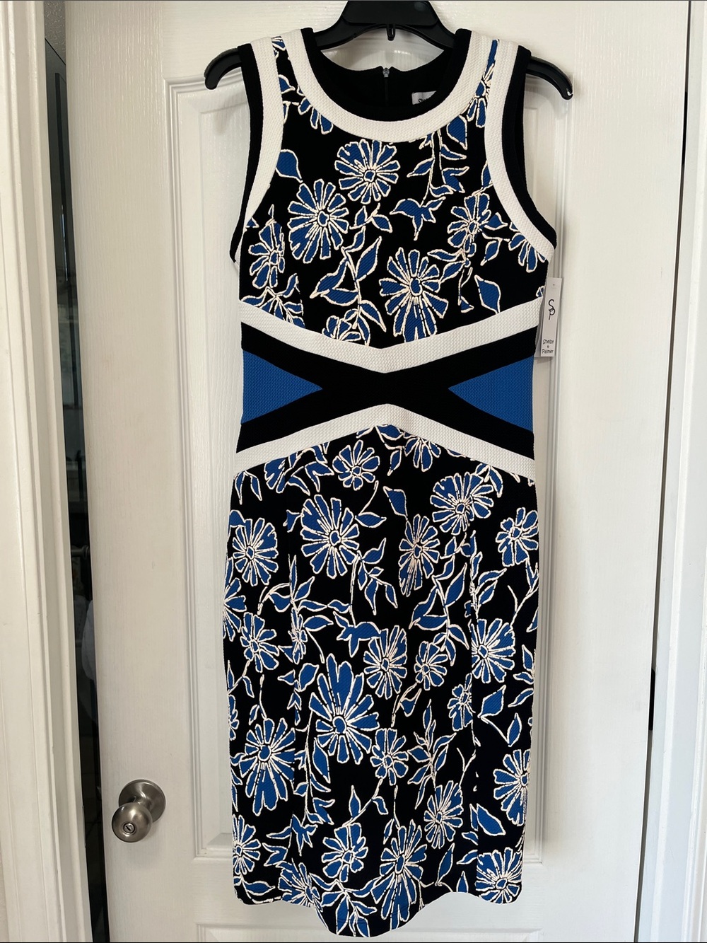 Shelby Palmer Sleeveless Blue & Black Floral Knit Sheath Dress , NWT, 10
